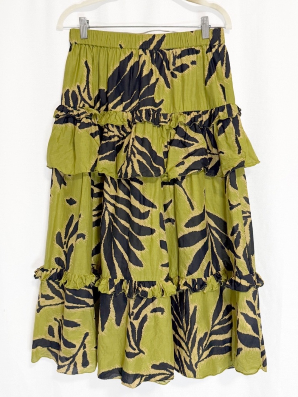 Tanya Taylor Hazelle Tiered Ruffle Midi Skirt Green Black M